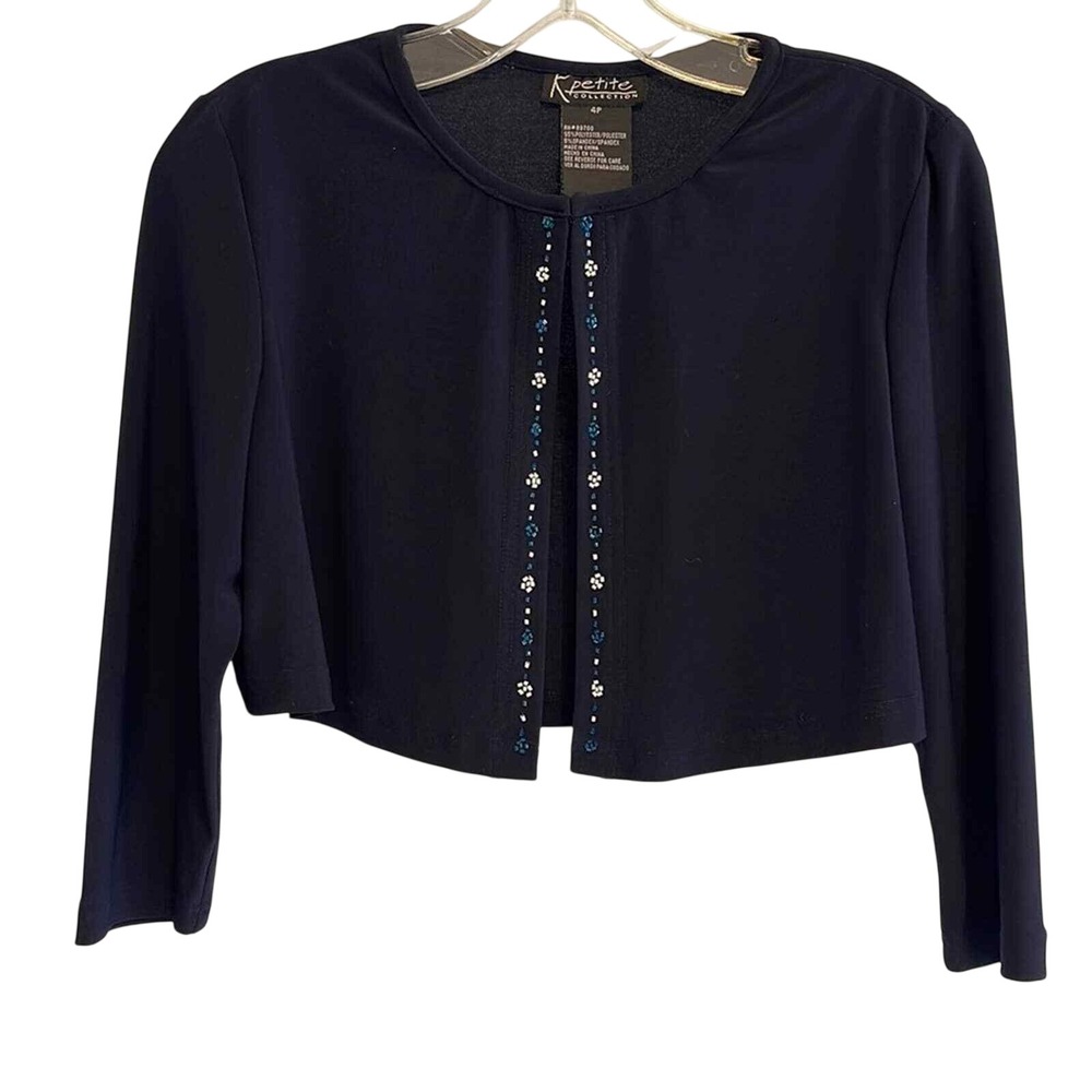 K Petite Collection‎ Navy Blue Beaded Floral Cropped Bolero Shrug Jacket 4P